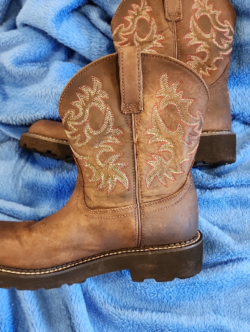 Ariat Size 11B Fat BabyBrown Mens Boots With Red, Green, And Beige Stitching